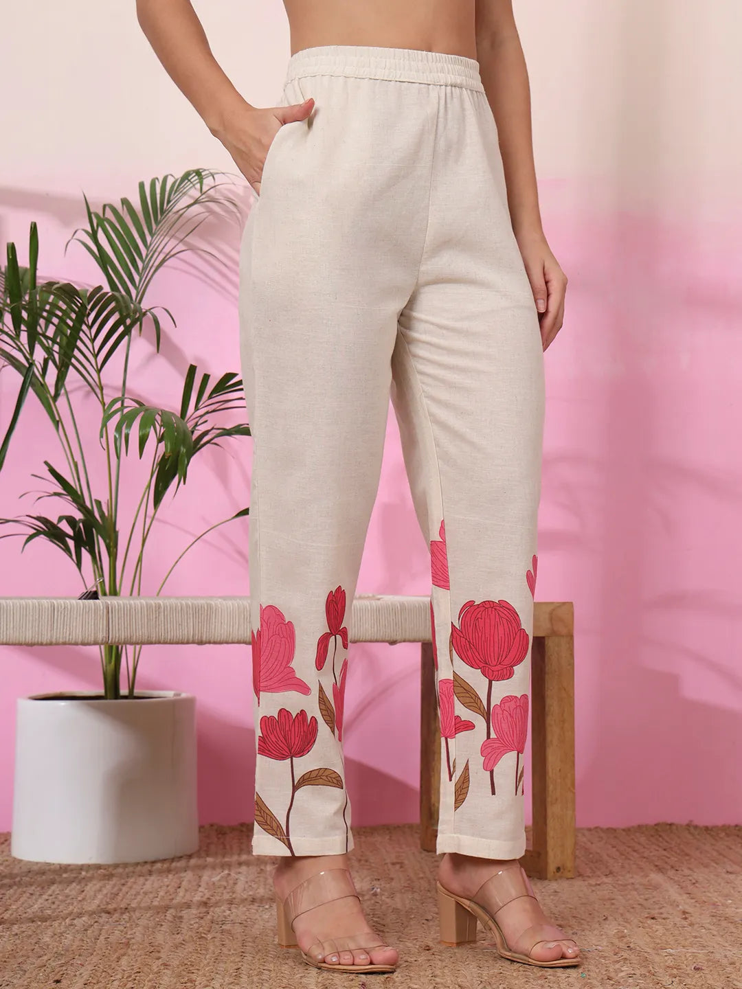 Pink And Cream Cotton Floral Print Straight Kurta Trouser Set