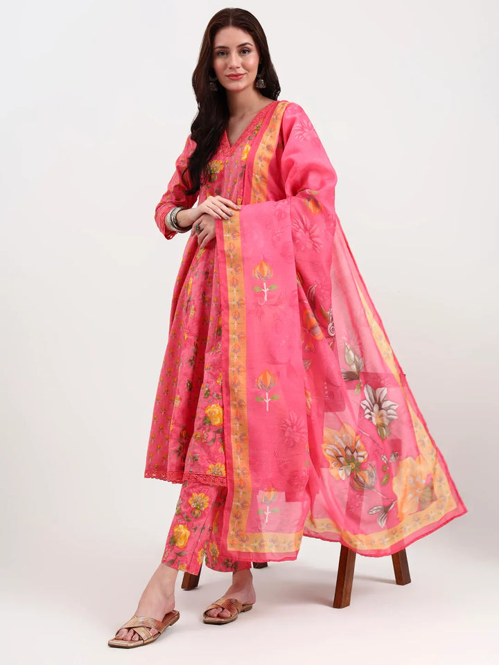 Pink Floral Print Cotton Anarkali Kurta Trouser Dupatta Set One Pocket Kurta