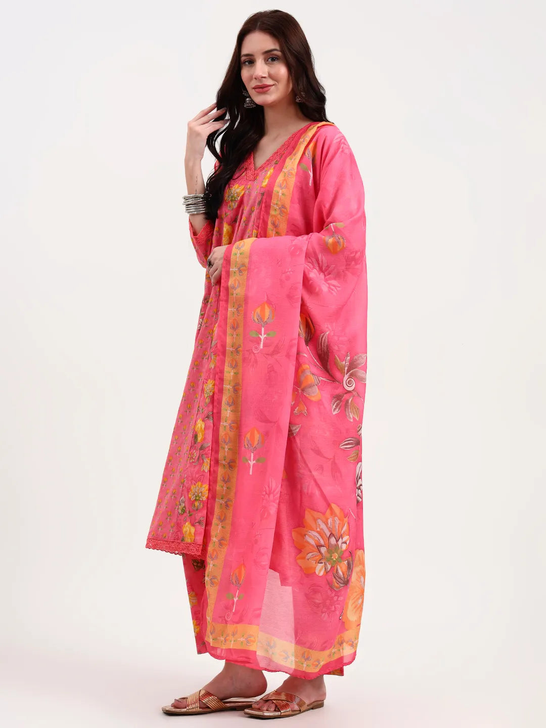 Pink Floral Print Cotton Anarkali Kurta Trouser Dupatta Set One Pocket Kurta