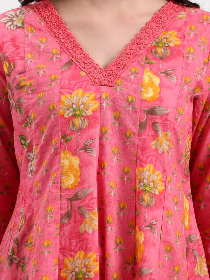 Pink Floral Print Cotton Anarkali Kurta Trouser Dupatta Set One Pocket Kurta