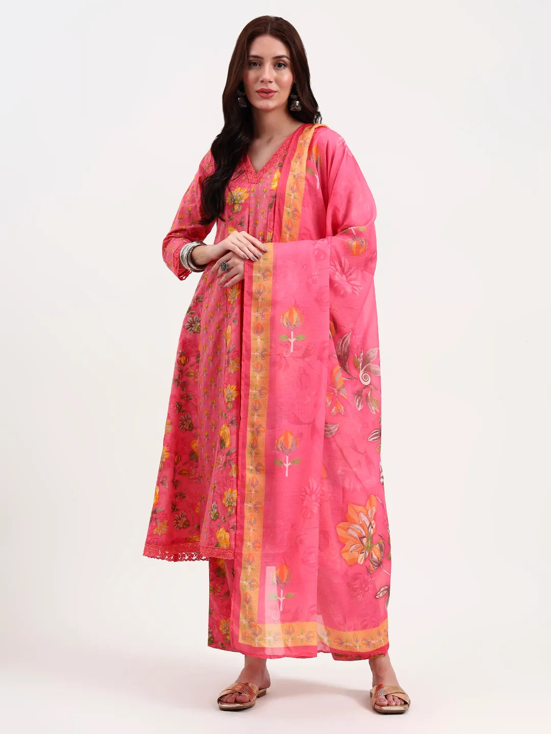 Pink Floral Print Cotton Anarkali Kurta Trouser Dupatta Set One Pocket Kurta