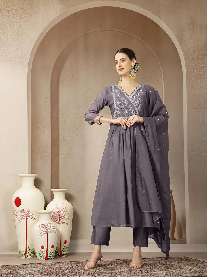 Purple Mul Chanderi Beads And Stones Mirror Work Kurta Dupatta Pant Set