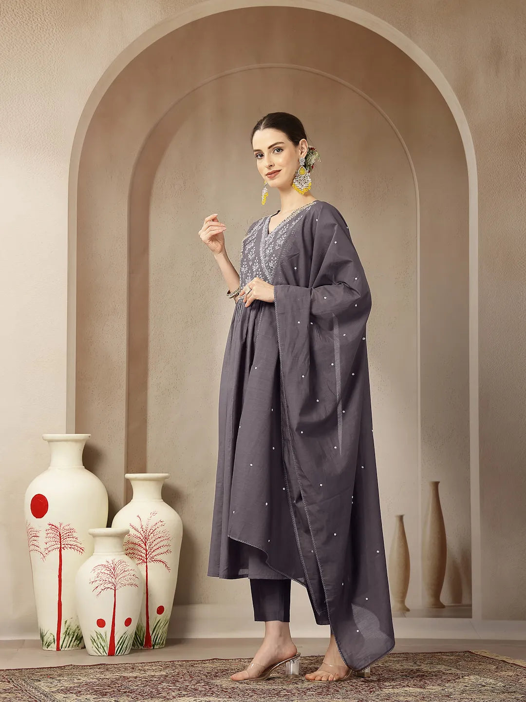 Purple Mul Chanderi Beads And Stones Mirror Work Kurta Dupatta Pant Set