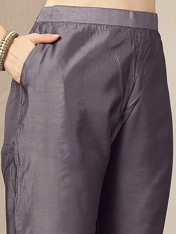 Purple Mul Chanderi Beads And Stones Mirror Work Kurta Dupatta Pant Set