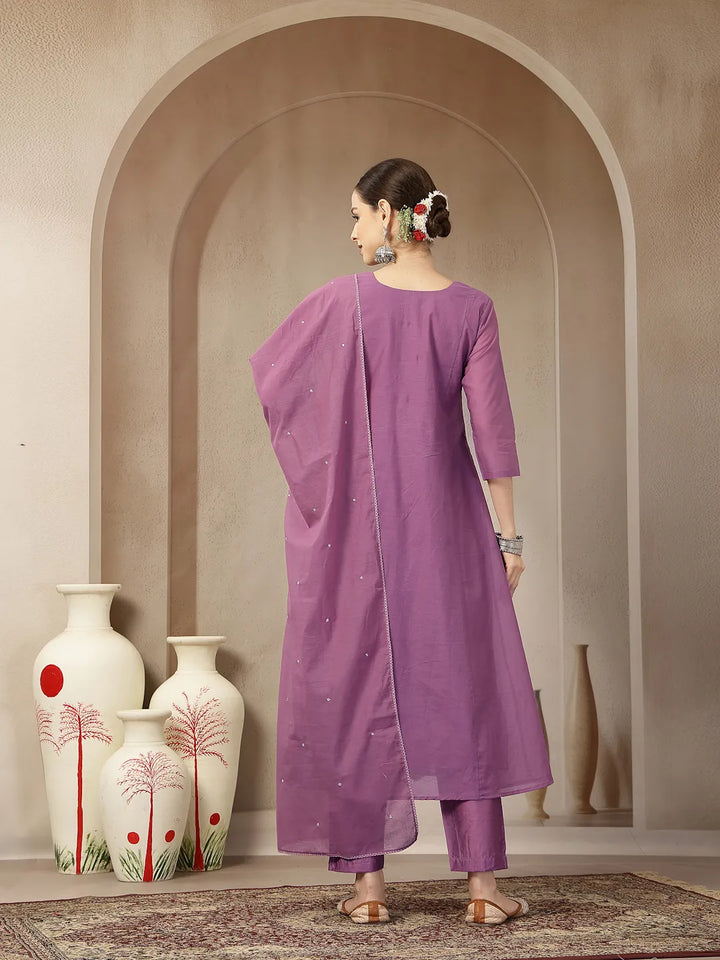 Purple Mul Chanderi Beads And Stones Sequins Work Kurta Dupatta Pant Set