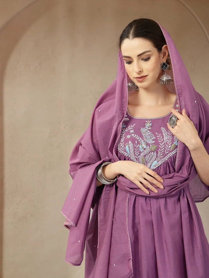 Purple Mul Chanderi Beads And Stones Sequins Work Kurta Dupatta Pant Set