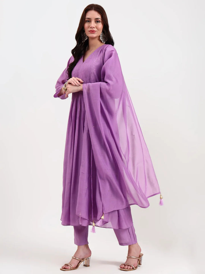 Purple Mul Chanderi Kurta Dupatta Pant Set With Handwork