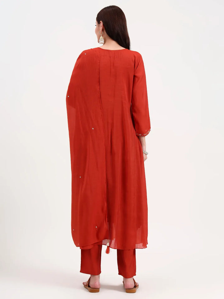 Rust Solid Chanderi Silk A-Line Kurta Trouser Dupatta Set