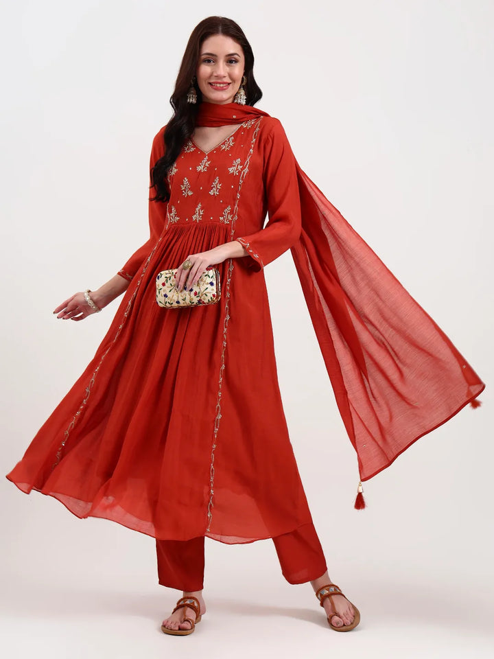Rust Solid Chanderi Silk A-Line Kurta Trouser Dupatta Set