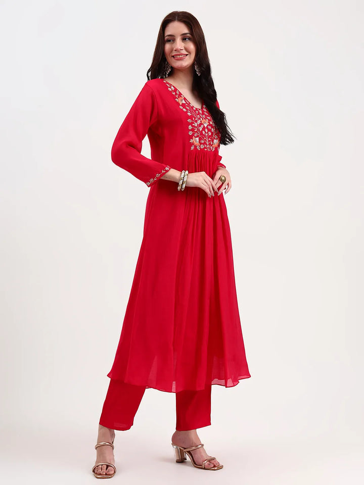 Pink Embroidered Chanderi Silk A-Line Kurta Trouser Dupatta Set