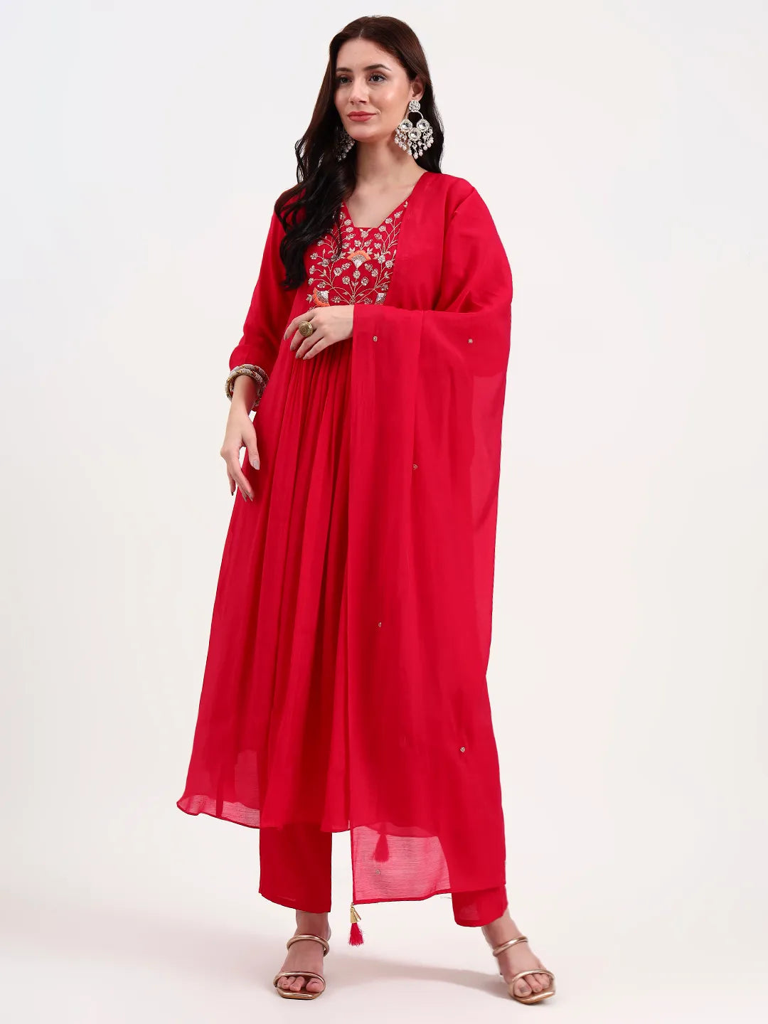 Pink Embroidered Chanderi Silk A-Line Kurta Trouser Dupatta Set