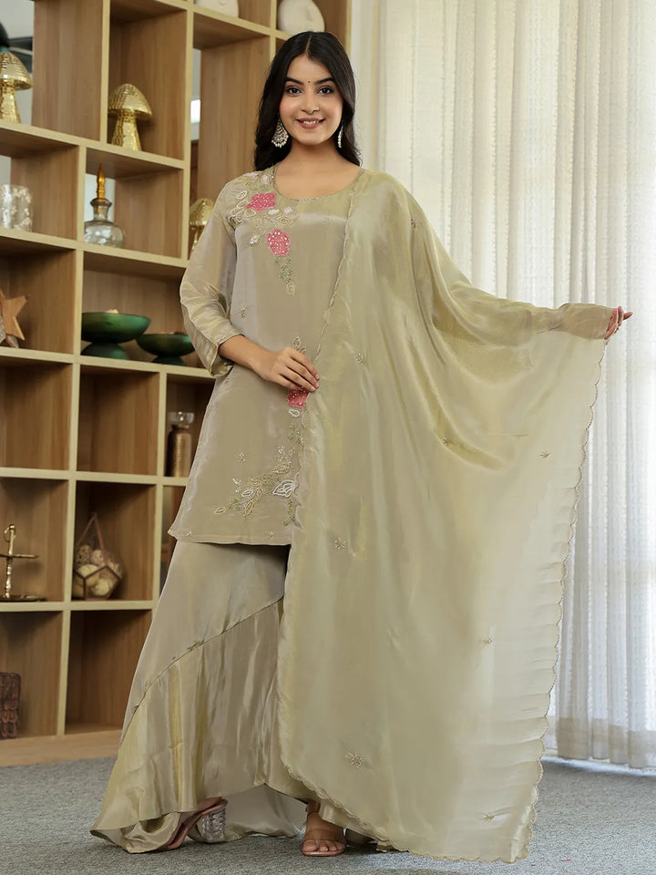 Tissue Green Beads And Stones Sequins Work Kurta Dupatta Set With Divider Palazzo Set