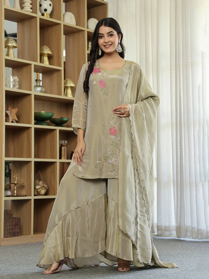 Tissue Green Beads And Stones Sequins Work Kurta Dupatta Set With Divider Palazzo Set