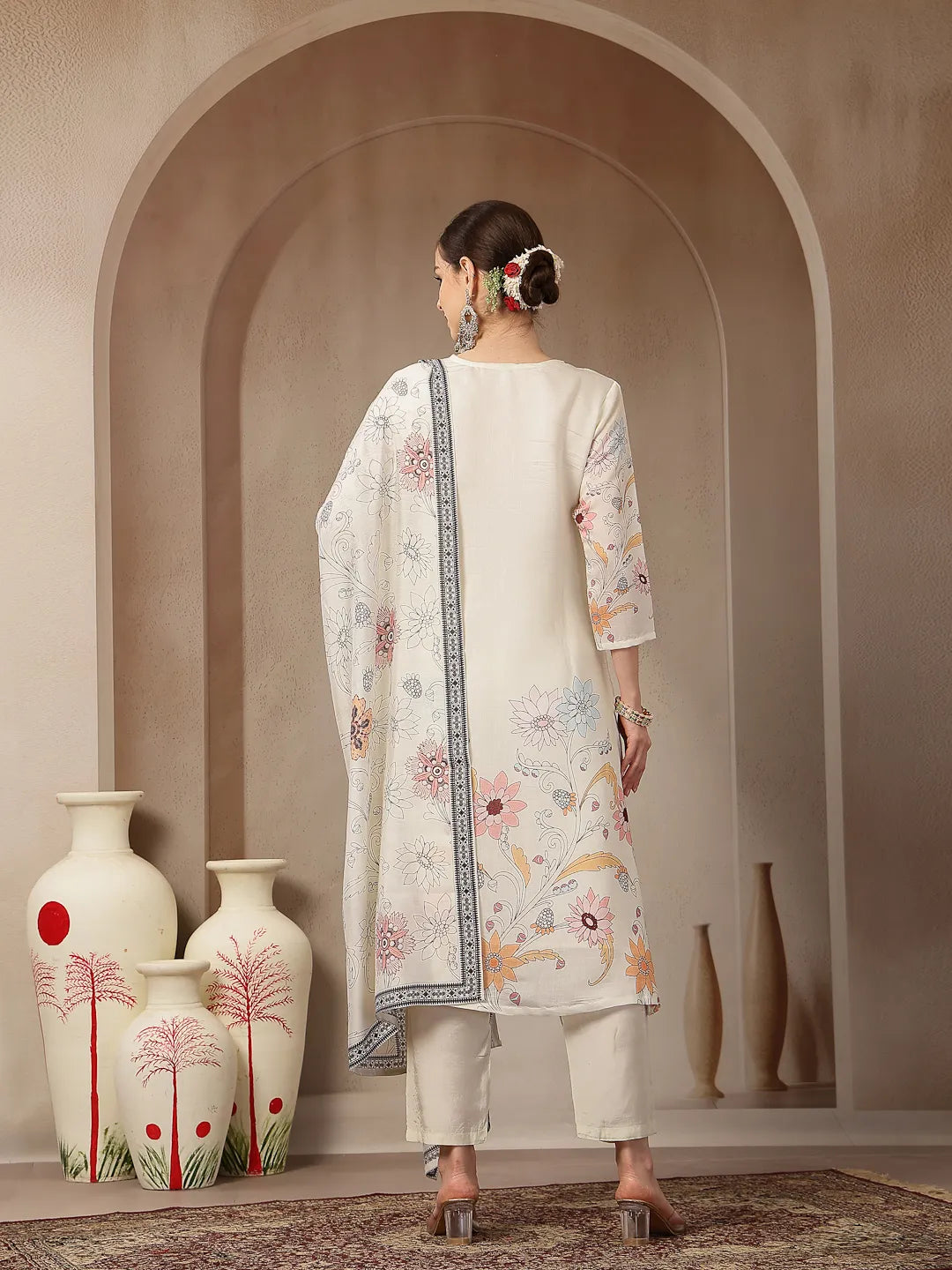 Mul Chanderi Cream Kurta Dupatt Pant Set