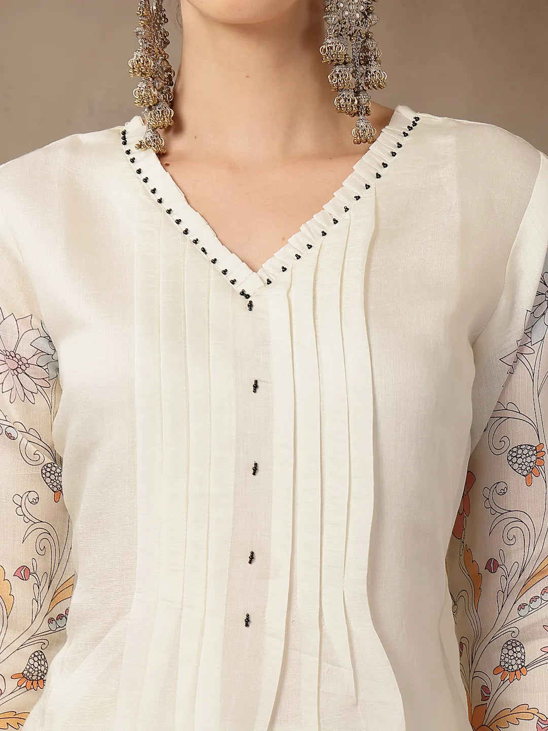 Mul Chanderi Cream Kurta Dupatt Pant Set