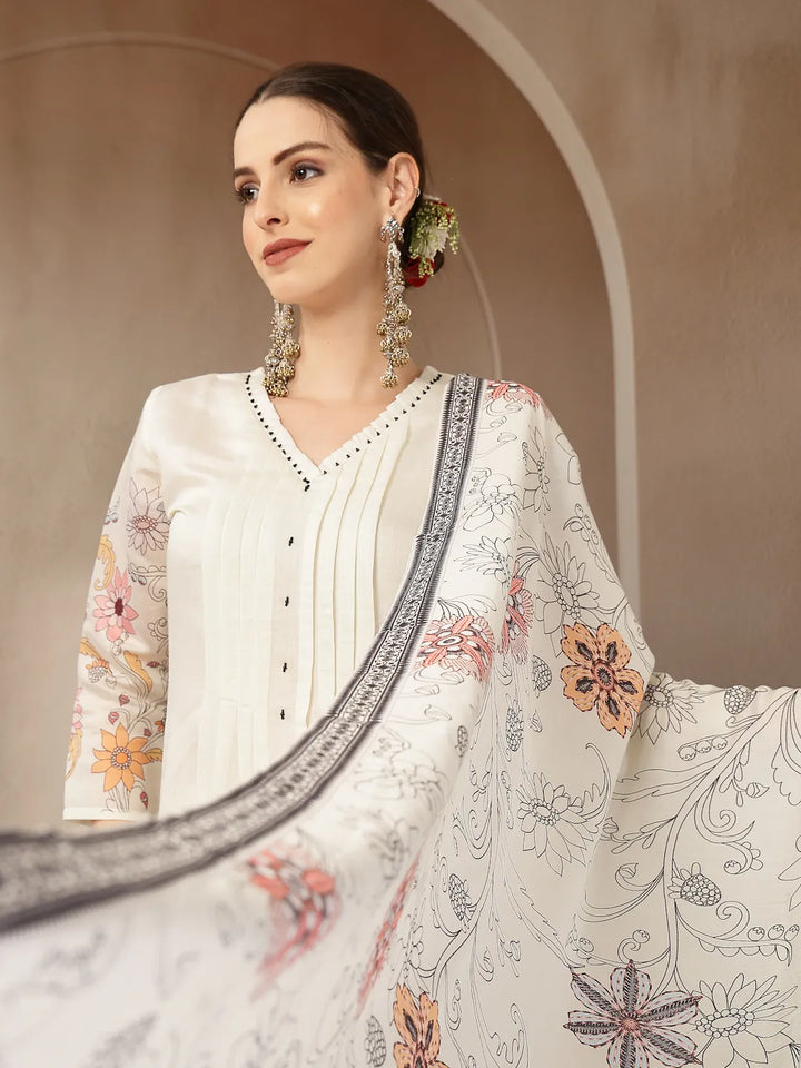 Mul Chanderi Cream Kurta Dupatt Pant Set