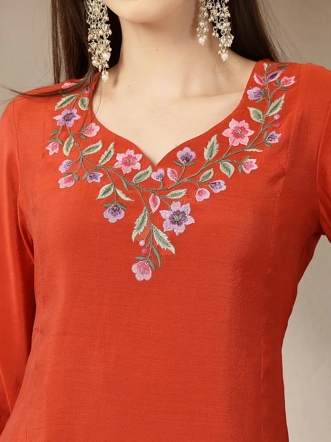 Rust Mul Chanderi Anarkali Kurta Dupatt Pant Set