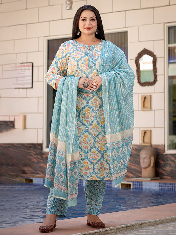 Plus Size Floral Printed Kantha Work Pure Cotton Kurta with Trousers & Dupatta