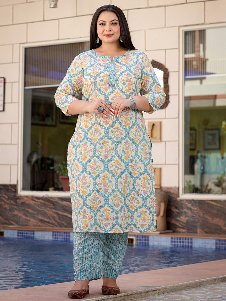 Plus Size Floral Printed Kantha Work Pure Cotton Kurta with Trousers & Dupatta