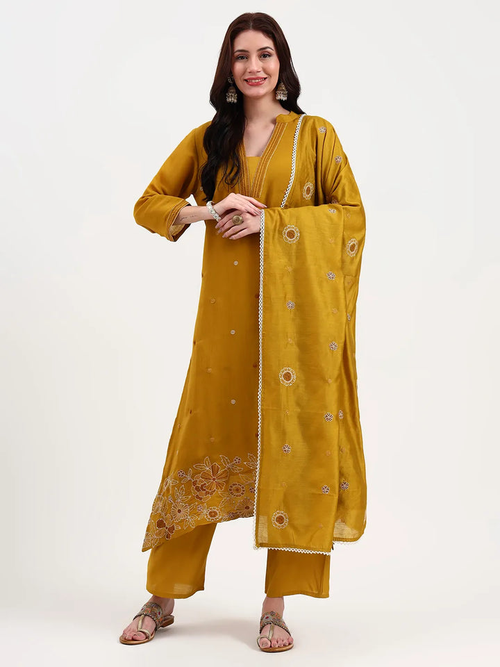 Mustard Kantha Work Chanderi Silk A-Line Kurta Trouser Dupatta Set