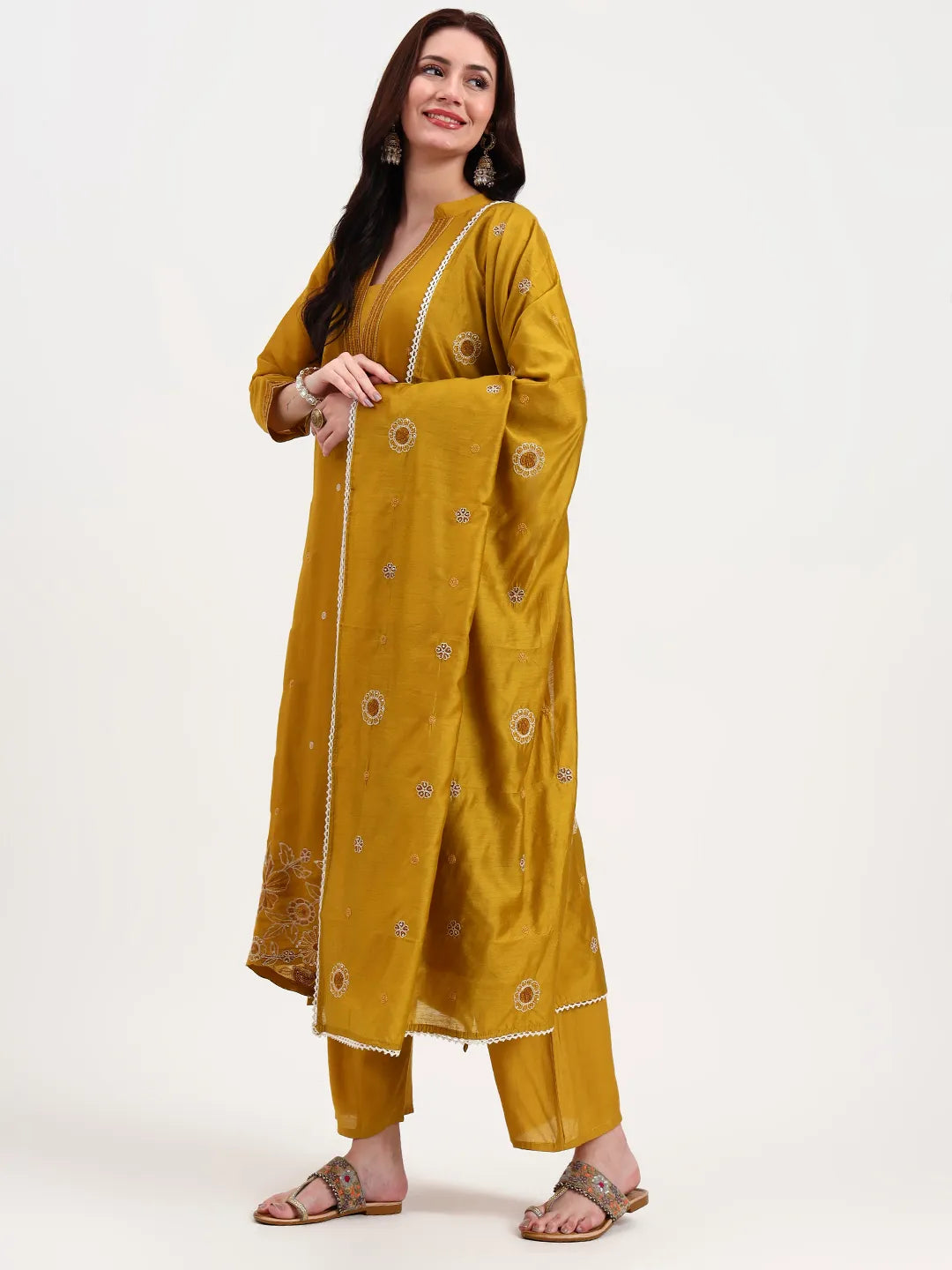 Mustard Kantha Work Chanderi Silk A-Line Kurta Trouser Dupatta Set