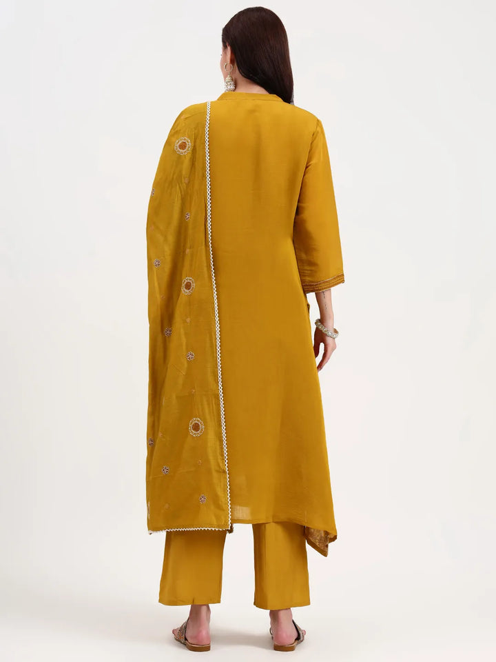 Mustard Kantha Work Chanderi Silk A-Line Kurta Trouser Dupatta Set