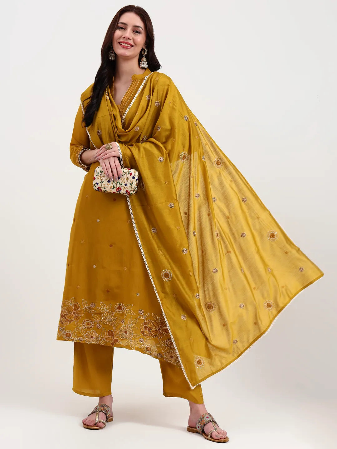 Mustard Kantha Work Chanderi Silk A-Line Kurta Trouser Dupatta Set