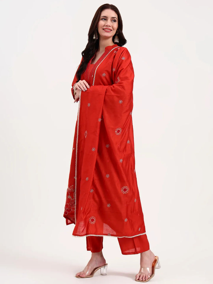 Rust Kantha Work Chanderi Silk A-Line Kurta Trouser Dupatta Set