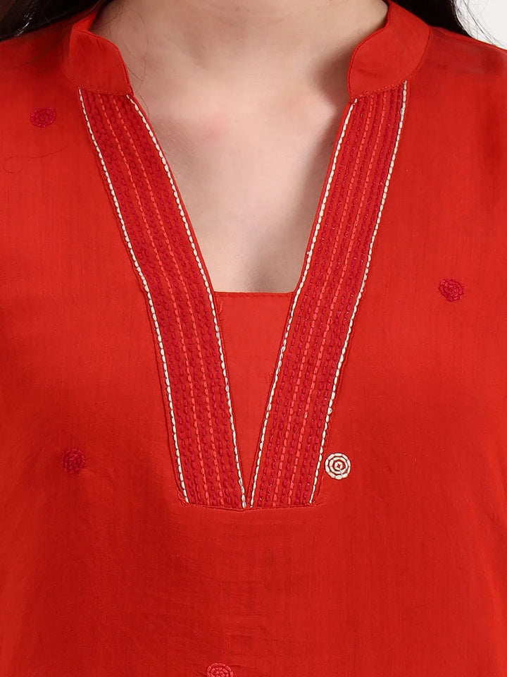 Rust Kantha Work Chanderi Silk A-Line Kurta Trouser Dupatta Set