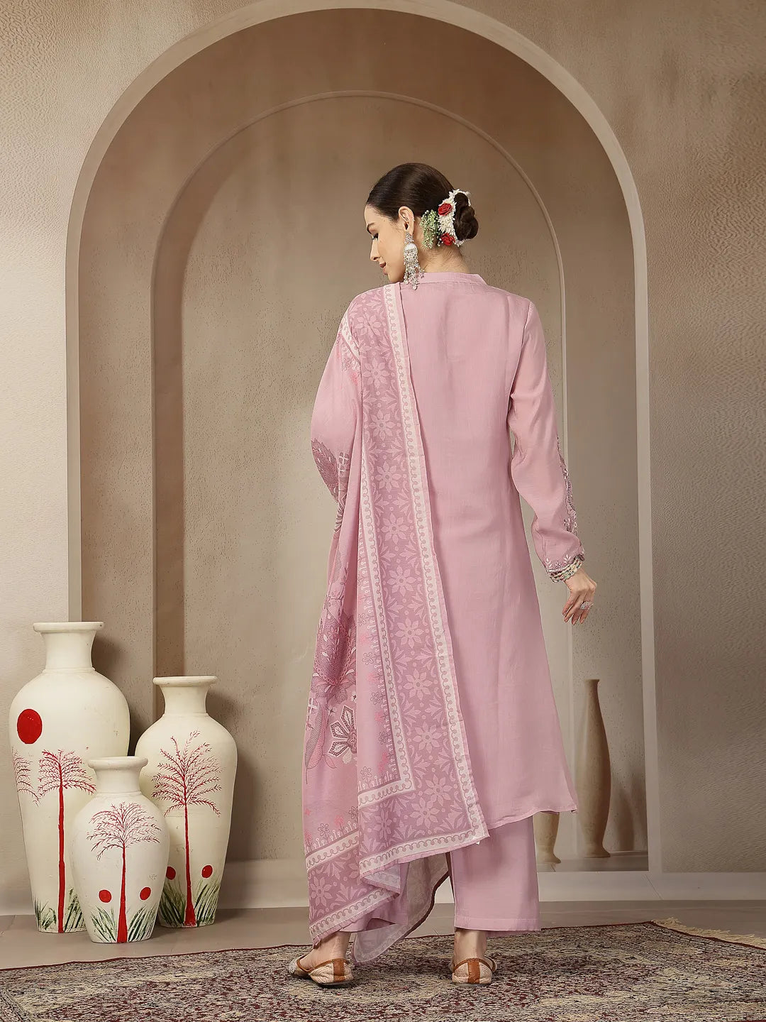 Light Pink Mul Chanderi Silk Embroidery A-Line Kurta Trouser Dupatta Set