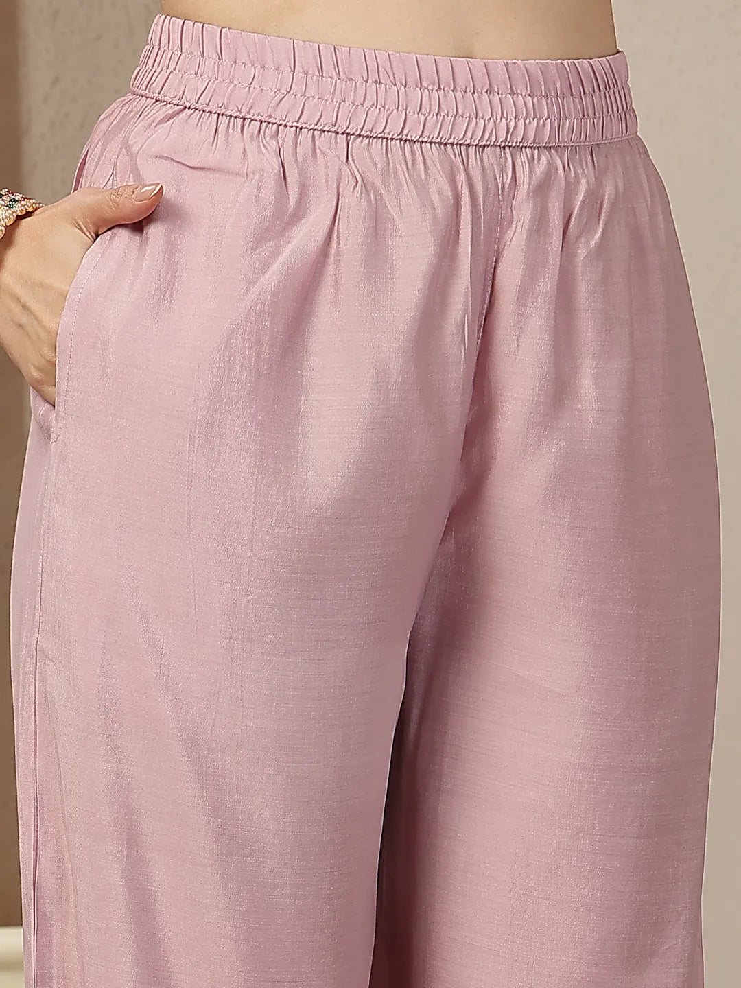 Light Pink Mul Chanderi Silk Embroidery A-Line Kurta Trouser Dupatta Set