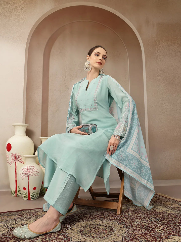Turquoise Blue Mul Chanderi Silk Embroidery A-Line Kurta Trouser Dupatta Set