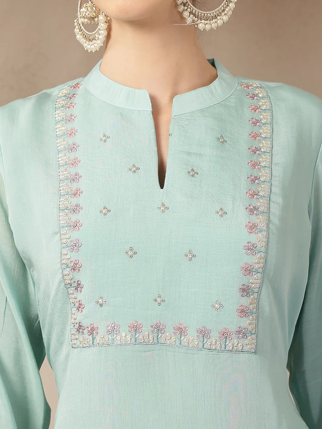 Turquoise Blue Mul Chanderi Silk Embroidery A-Line Kurta Trouser Dupatta Set