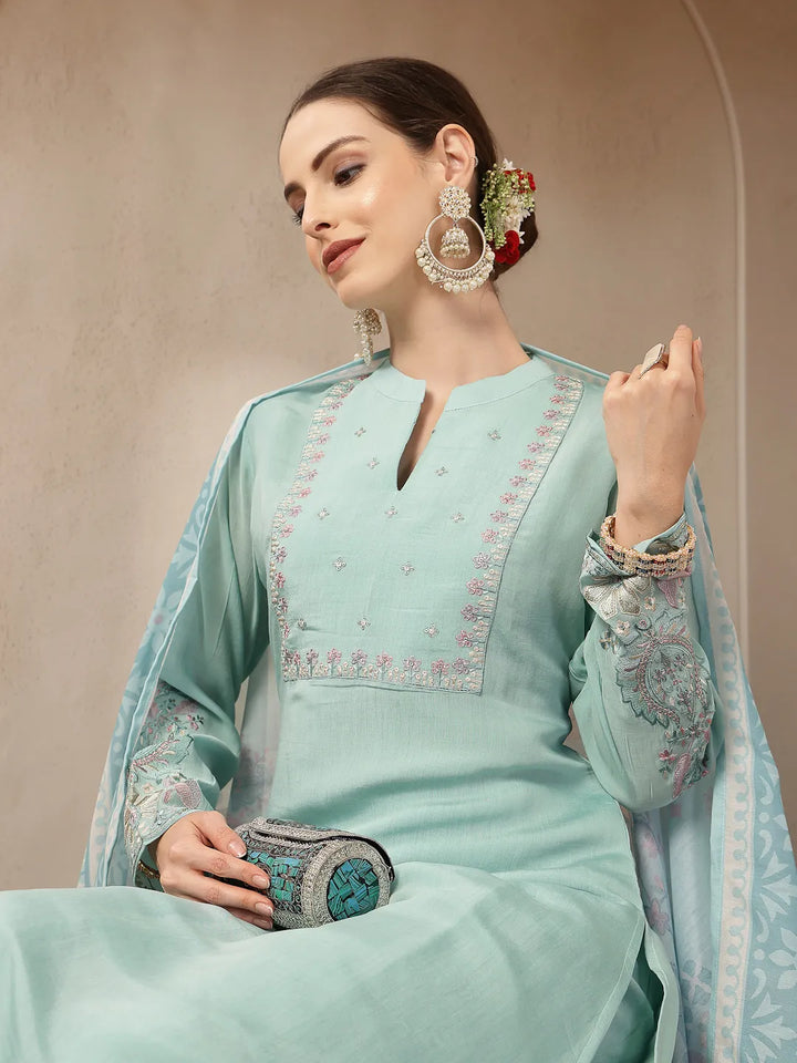 Turquoise Blue Mul Chanderi Silk Embroidery A-Line Kurta Trouser Dupatta Set