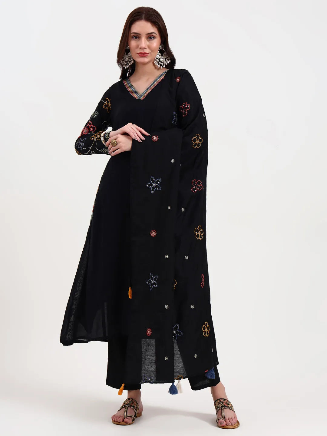 Black Kantha Work Chanderi Silk A-Line Kurta Trouser Dupatta Set