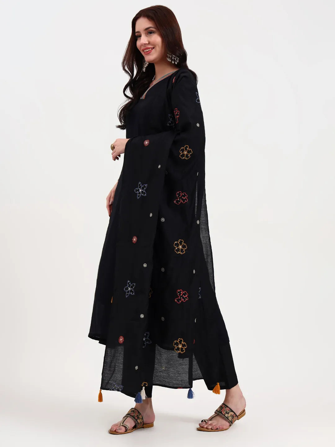 Black Kantha Work Chanderi Silk A-Line Kurta Trouser Dupatta Set
