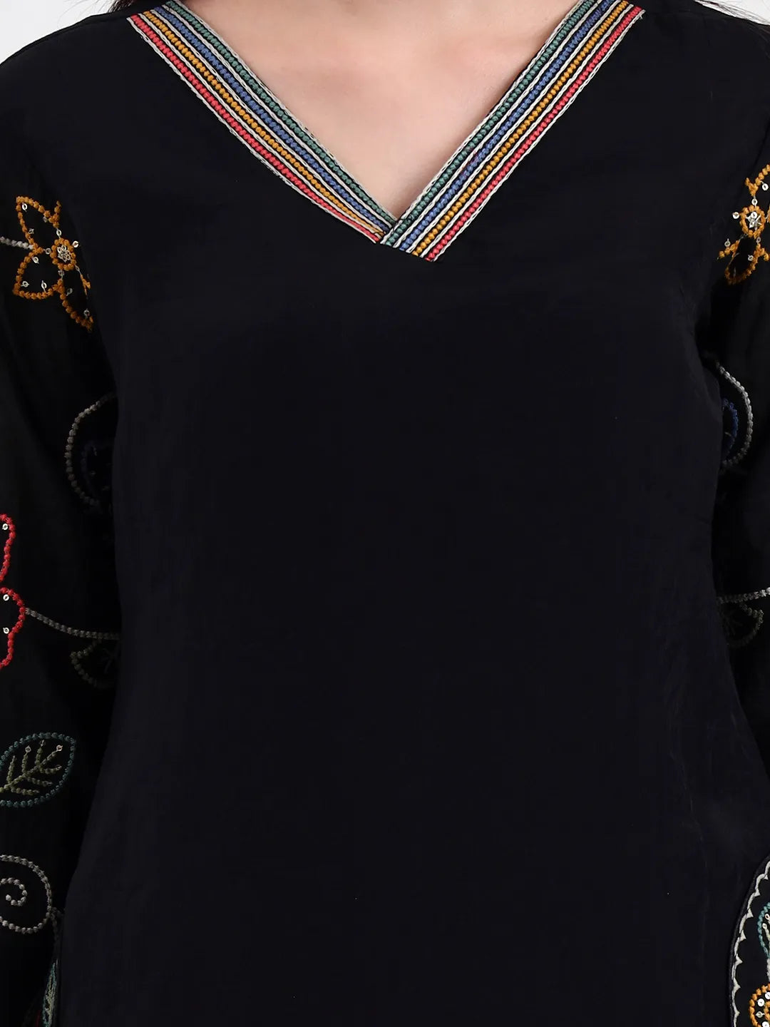 Black Kantha Work Chanderi Silk A-Line Kurta Trouser Dupatta Set