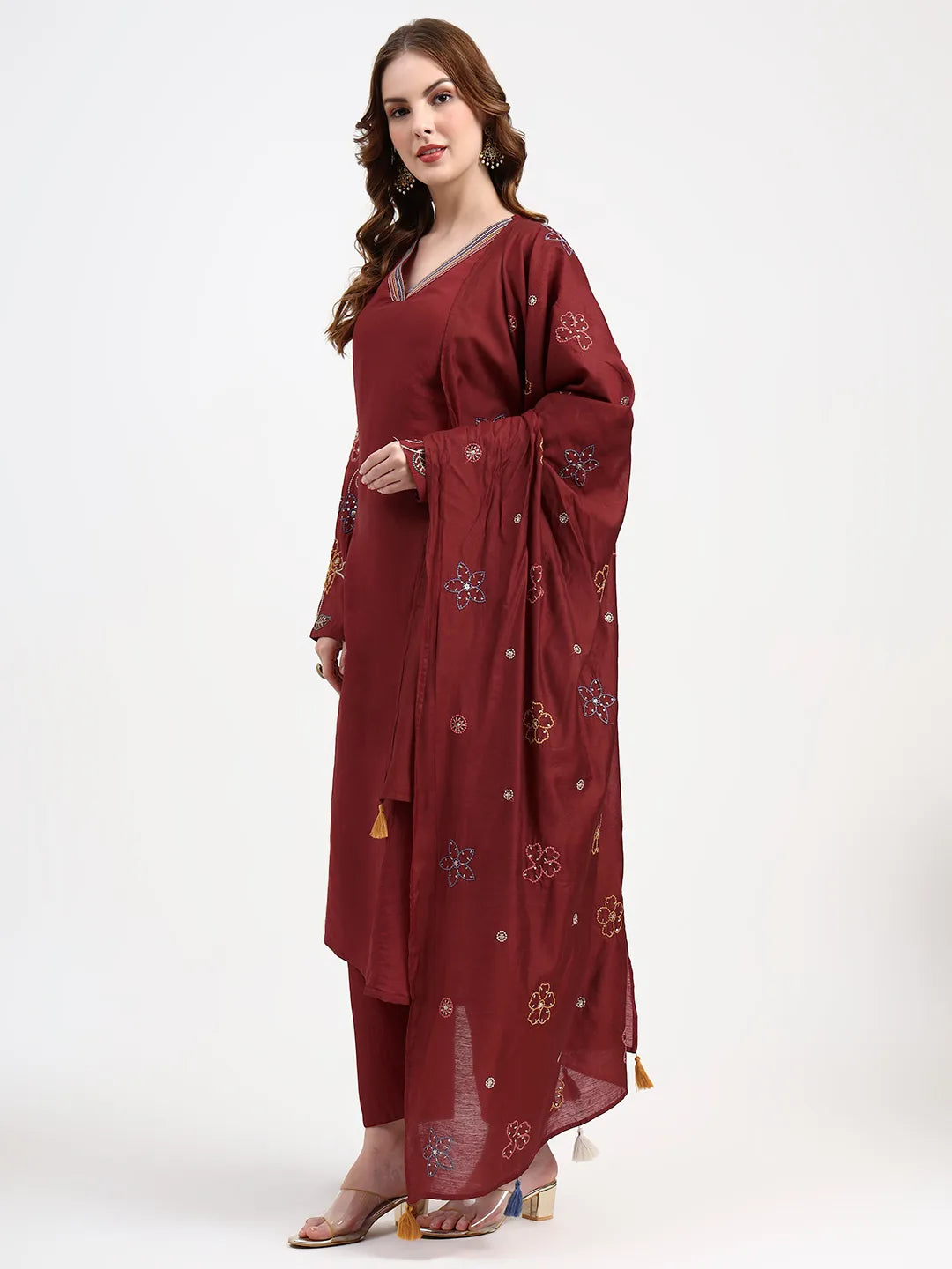 Mul Chanderi Maroon Kurta Dupatt Pant Set
