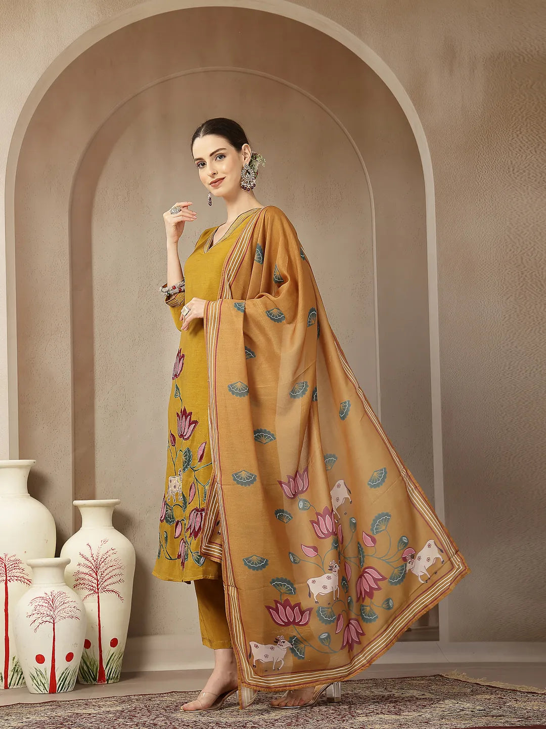 Mustard Mul Chanderi Silk Floral A-Line Kurta Trouser Dupatta Set