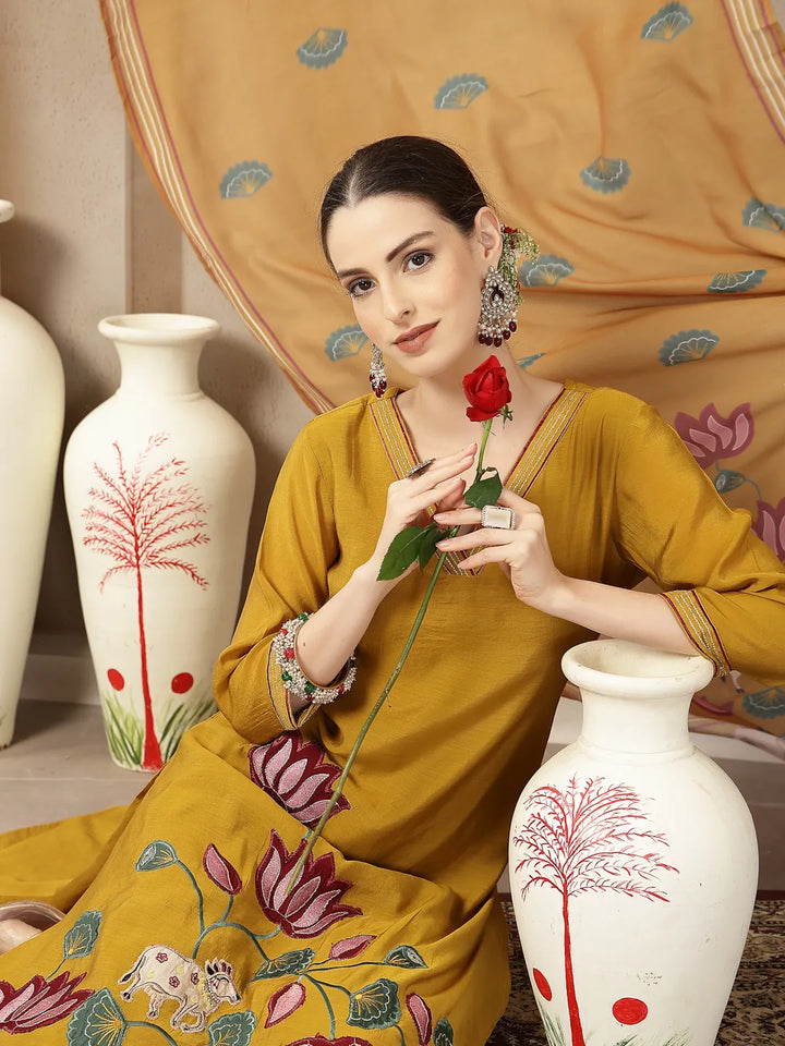 Mustard Mul Chanderi Silk Floral A-Line Kurta Trouser Dupatta Set