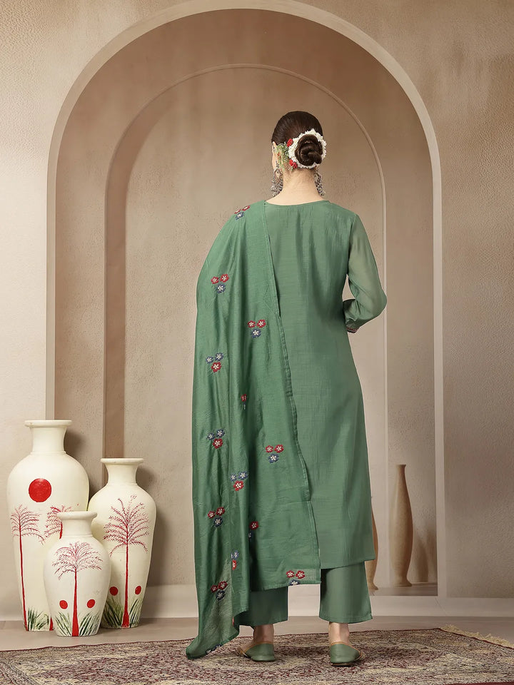 Green Mul Chanderi Embroidery A-Line Kurta Trouser Dupatta Set