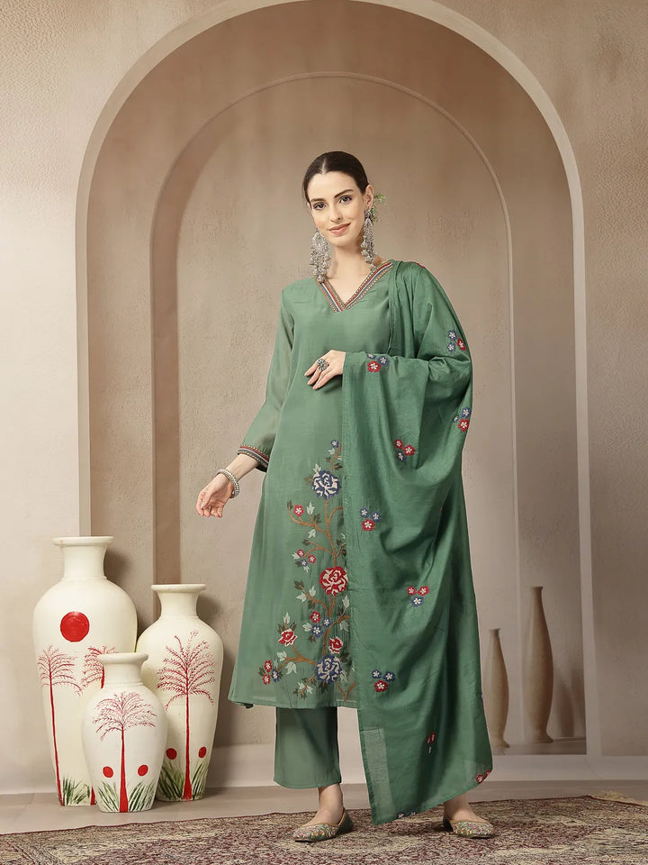 Green Mul Chanderi Embroidery A-Line Kurta Trouser Dupatta Set