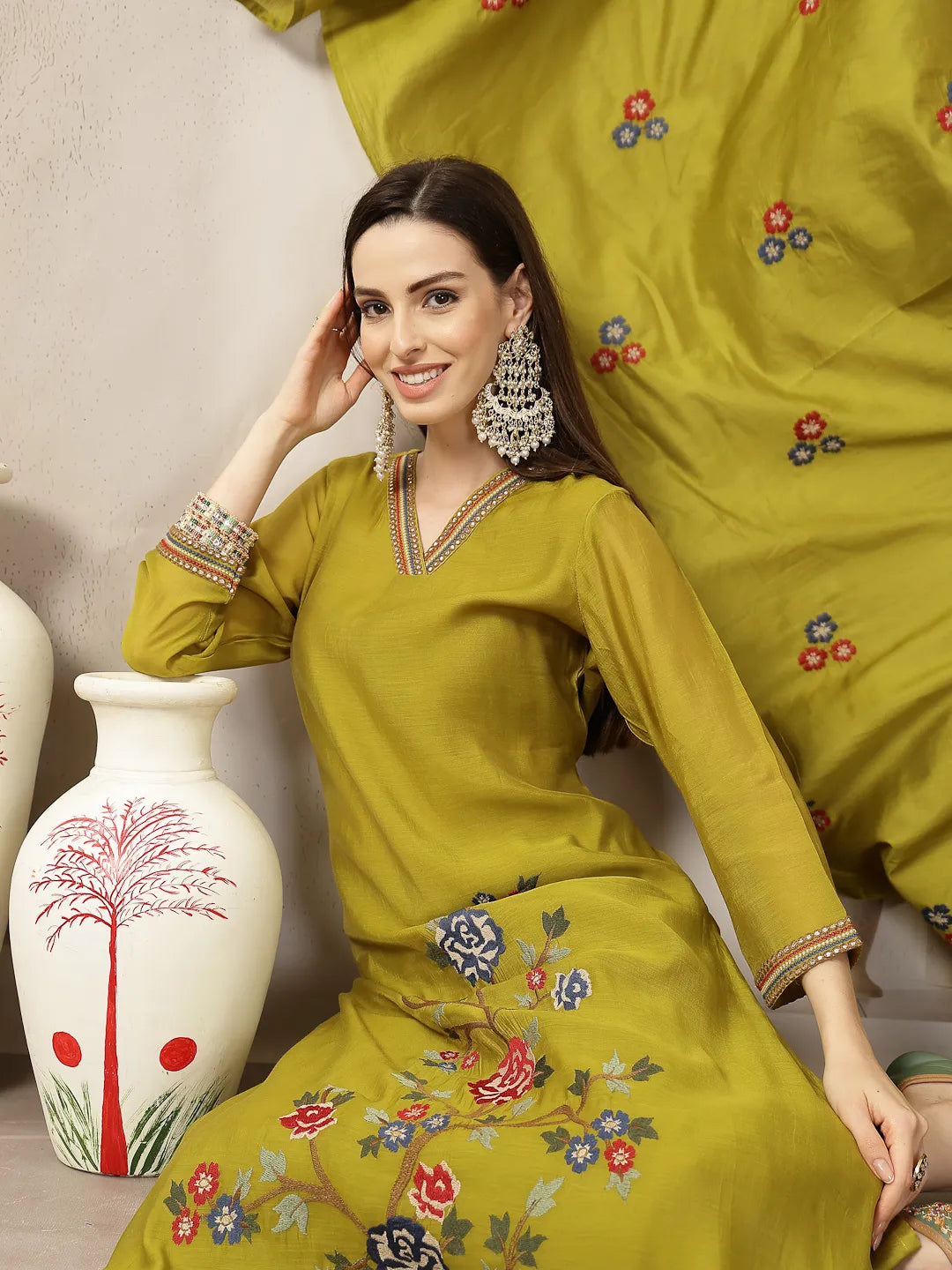 Lime Green Mul Chanderi Embroidery A-Line Kurta Trouser Dupatta Set