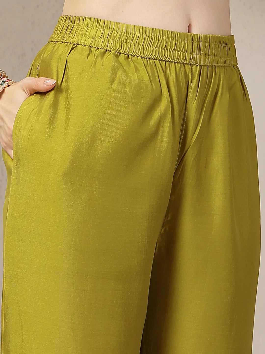 Lime Green Mul Chanderi Embroidery A-Line Kurta Trouser Dupatta Set