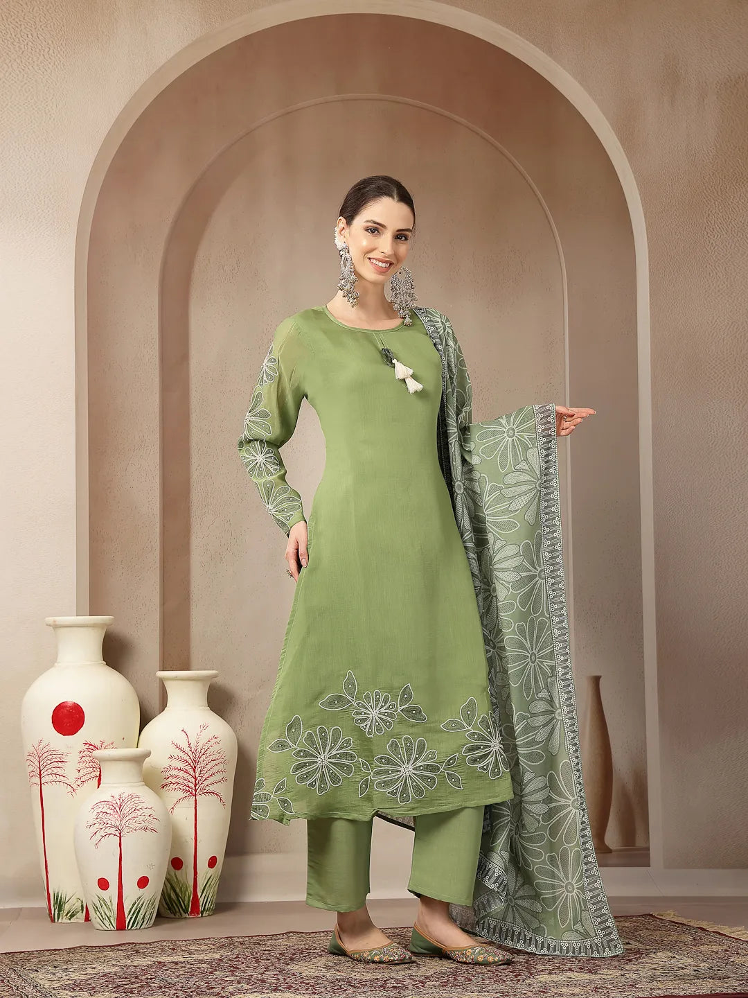 Green Mul Chanderi Silk Keyhole Neck A-Line Kurta Trouser Dupatta Set