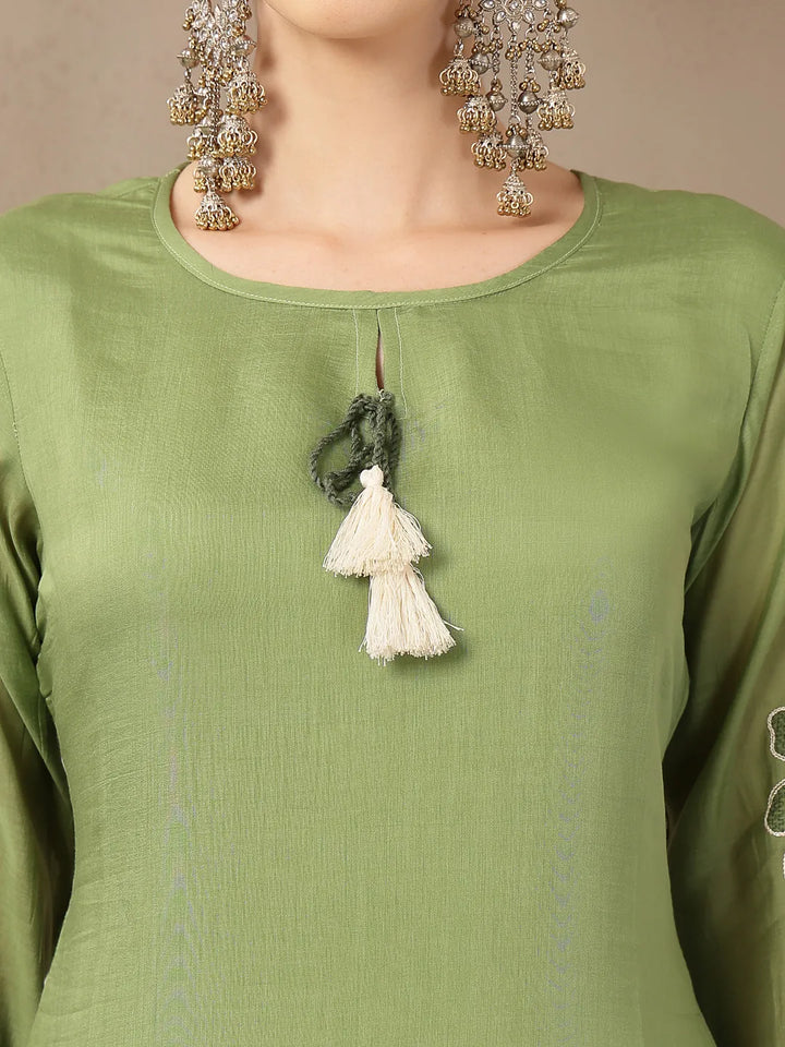 Green Mul Chanderi Silk Keyhole Neck A-Line Kurta Trouser Dupatta Set
