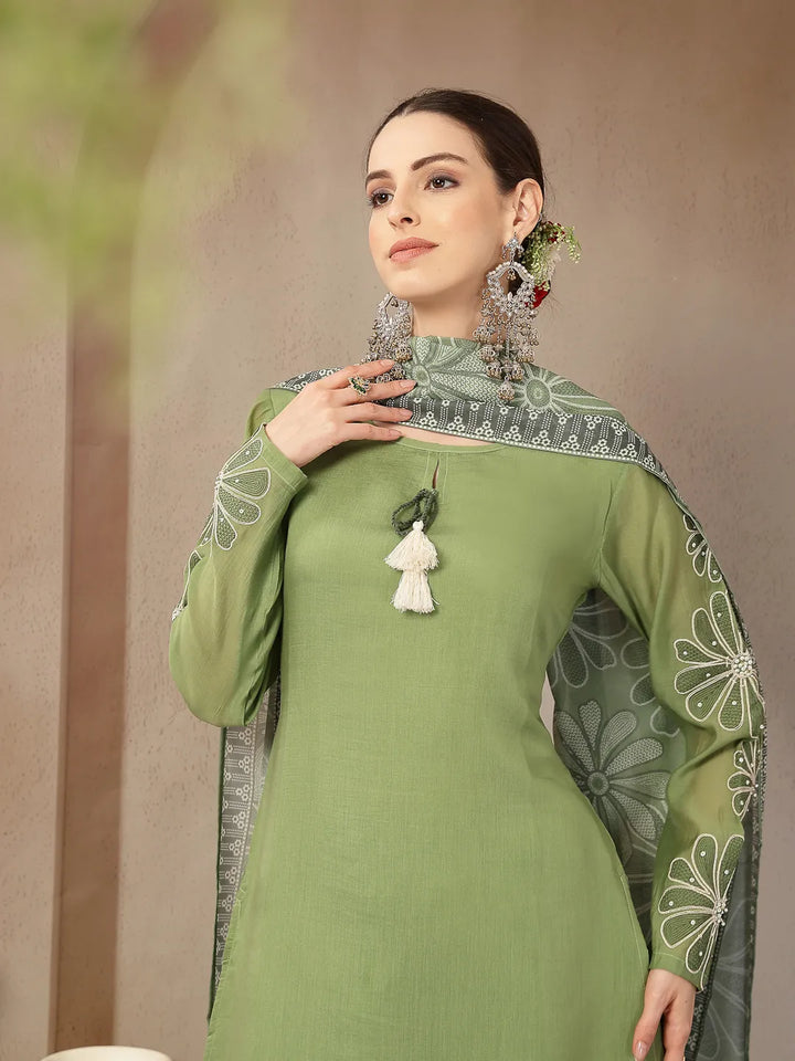 Green Mul Chanderi Silk Keyhole Neck A-Line Kurta Trouser Dupatta Set