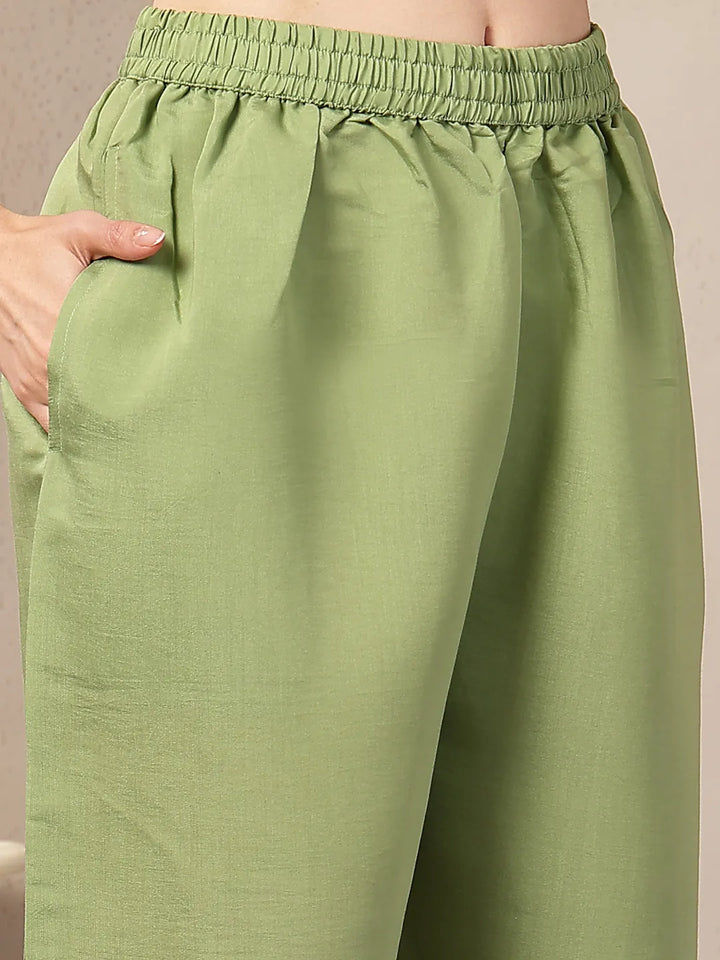 Green Mul Chanderi Silk Keyhole Neck A-Line Kurta Trouser Dupatta Set