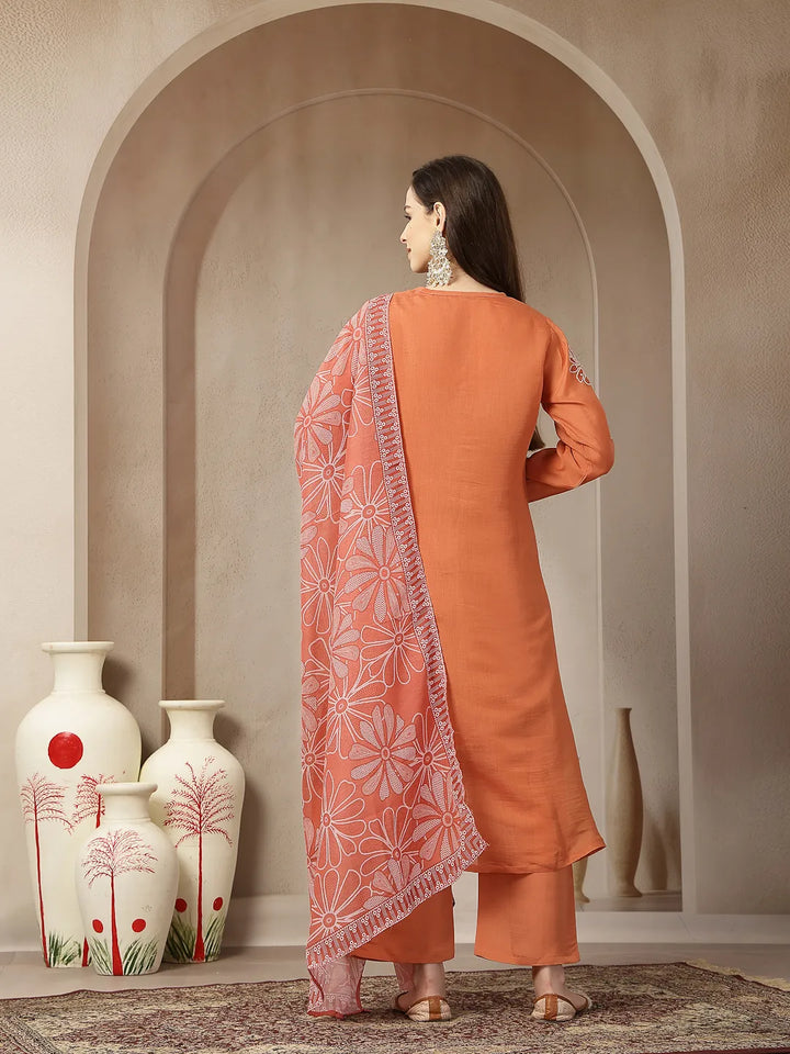 Rust Mul Chanderi Silk Keyhole Neck A-Line Kurta Trouser Dupatta Set