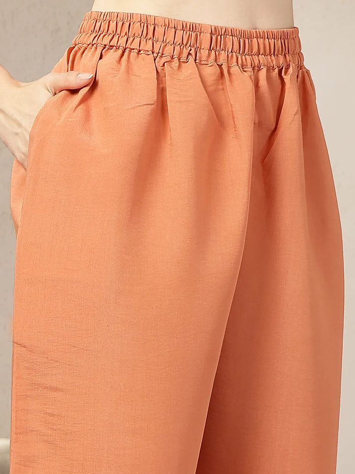 Rust Mul Chanderi Silk Keyhole Neck A-Line Kurta Trouser Dupatta Set